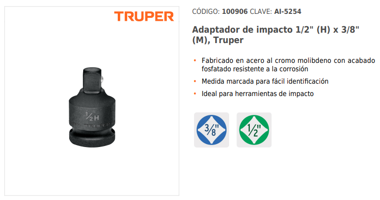 ADAPTADOR DE IMPACTO 1/2' X 3/8' 100906 TRUPER