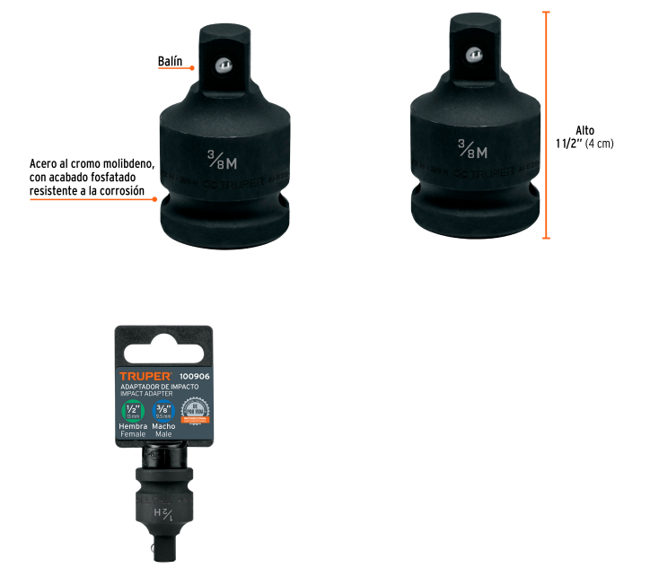 ADAPTADOR DE IMPACTO 1/2' X 3/8' 100906 TRUPER