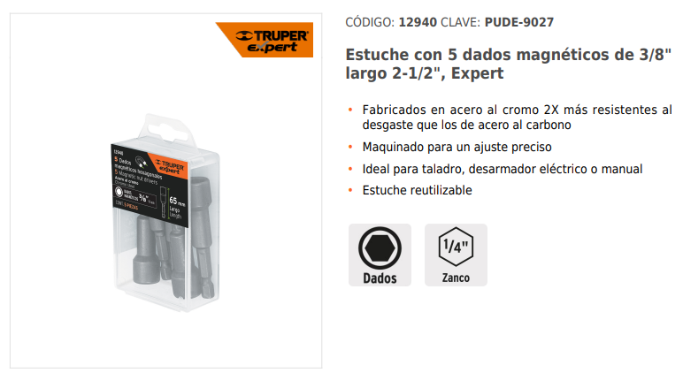ADAPTADOR MAGNÉTICO DE 3/8" PARA TALADRO 12940 TRUPER