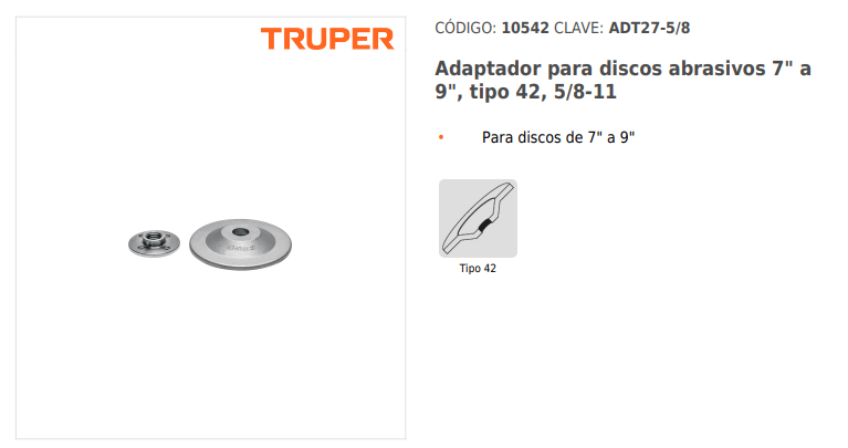 ADAPTADOR PARA DISCO ABRASIVO 10542 TRUPER