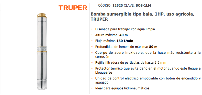 BOMBA SUMERGIBLE 1HP 12625 TRUPER