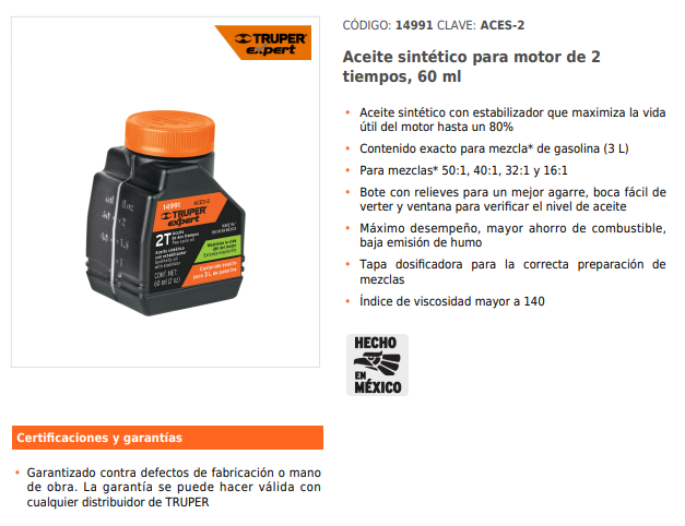 ACEITE PARA MOTOR DE DOS TIEMPOS 2 OZ 14991 TRUPER