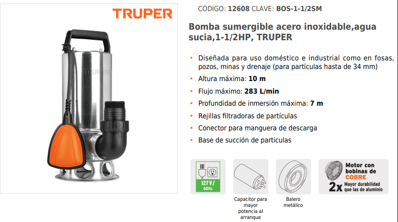 BOMBA SUMERGIBLE METALICA PARA AGUA SUCIA 1-1/2HP" 12608 TRUPER
