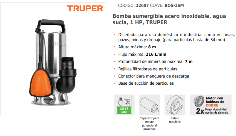 BOMBA SUMERGIBLE PARA AGUA SUCIA, 1 HP 12607 TRUPER