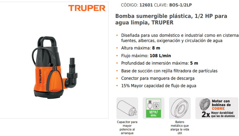 BOMBA SUMERGIBLE, AGUA LIMPIA, 1/2 HP 12601 TRUPER