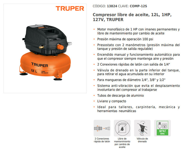 COMPRESOR DE AIRE 12 LTS 120V 13824 TRUPER