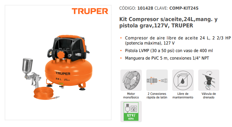 COMPRESOR DE AIRE LIBRE DE ACEITE 24L  2-2/3HP C/MANGUERA Y PISTOLA P/PINTAR 101428 TRUPER