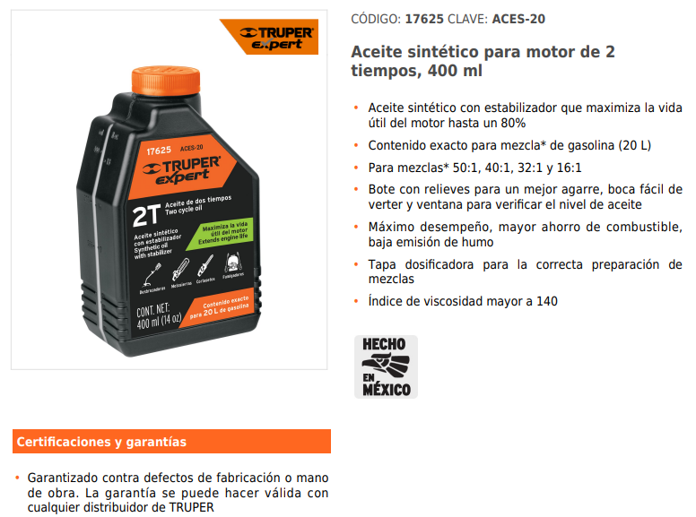 ACEITE PARA MOTOR, DOS TIEMPOS, 16 OZ 17625 TRUPER