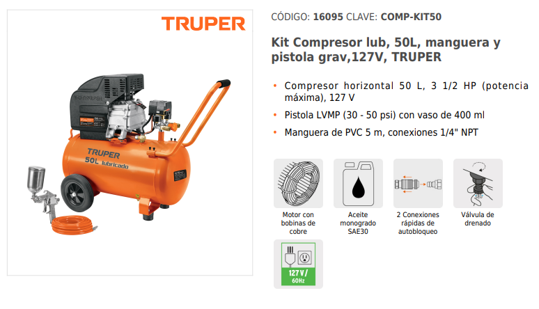 KIT DE COMPRESOR DE AIRE LUBRICADO DE 50 LITROS 3-1/2 HP 16095 TRUPER