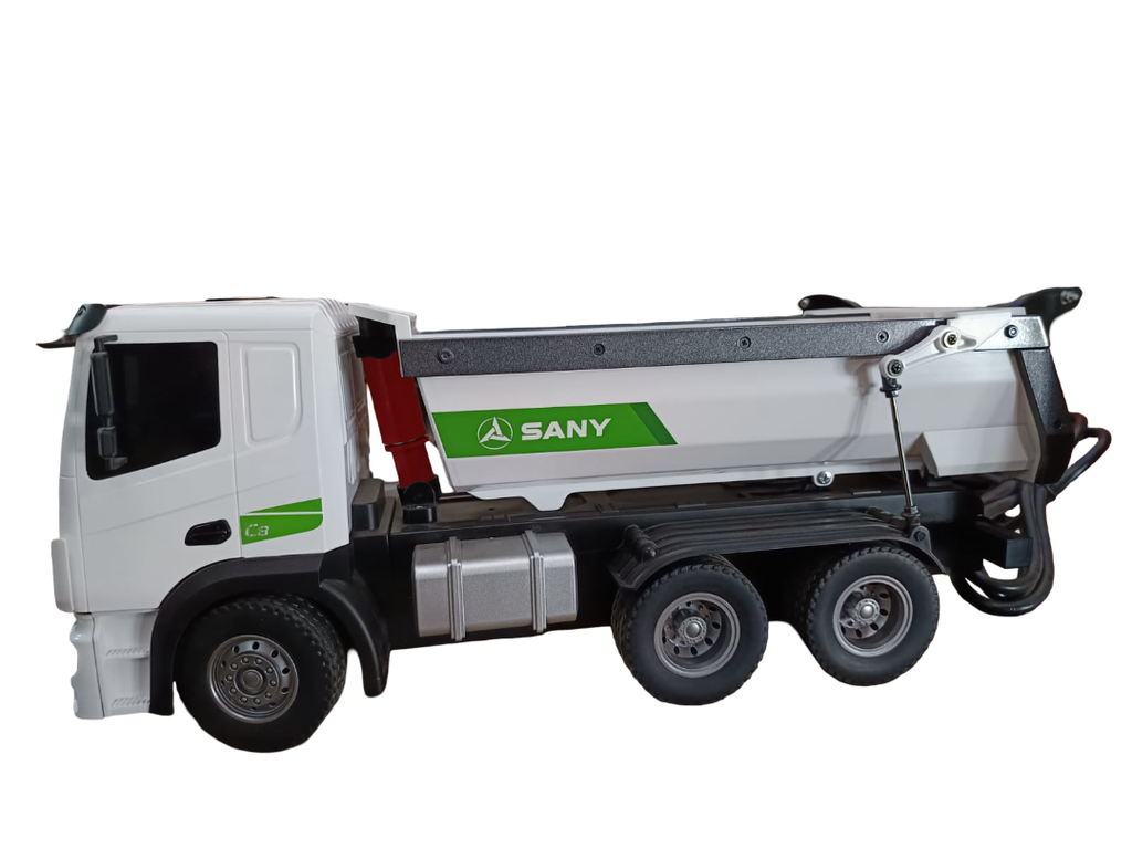 JUGUETE A ESCALA CAMION DE VOLTEO A CONTROL REMOTO COLOR VERDE CON BLANCO