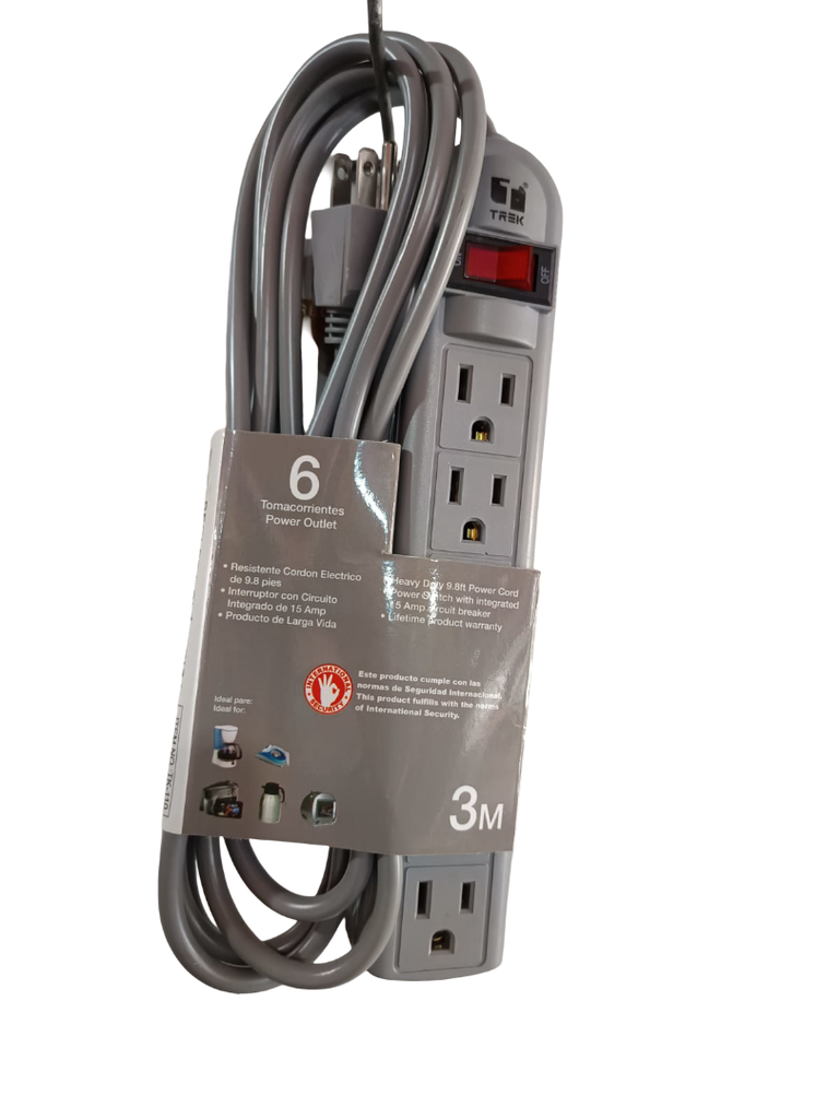 REGLETA ELECTRICA DE 6 TOMAS CON SEGURO CABLE DE 3MTS TK110 TREK