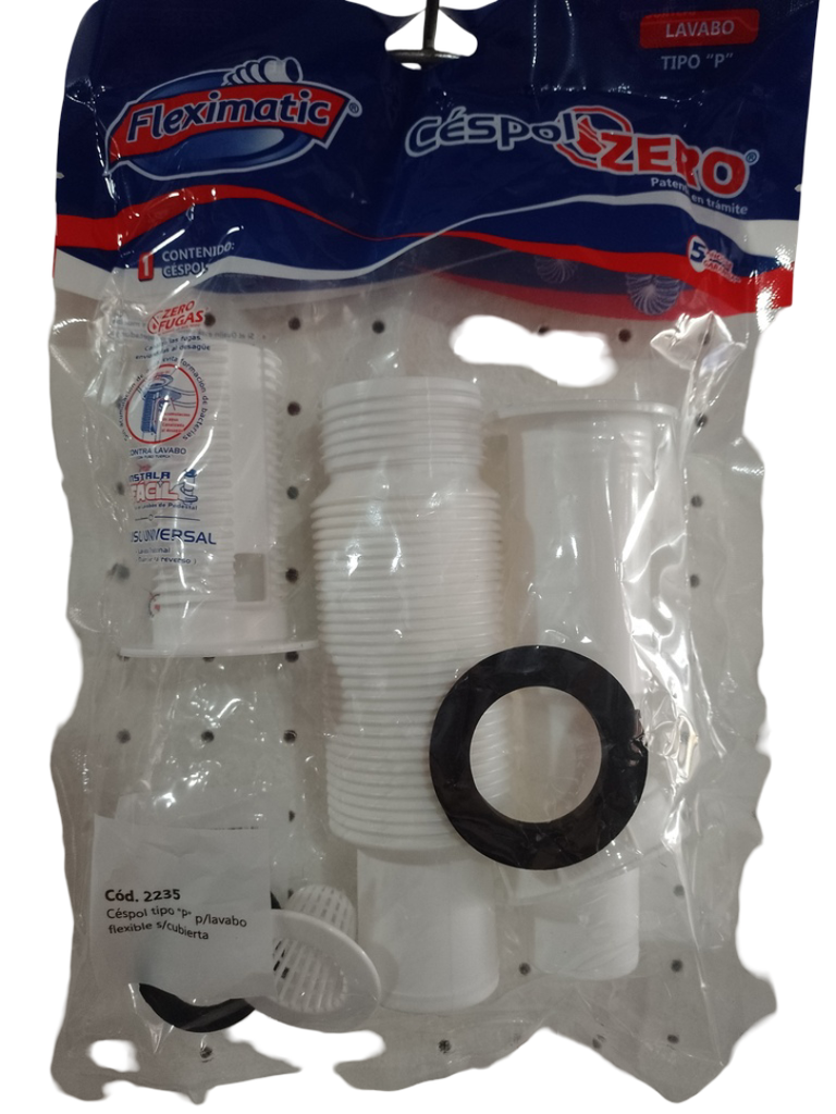 SIFON FLEXIBLE BLANCO 1-1/4 C/DESAGUE CROMADO PUSH P/LAVAMANOS Y BOWL CON REBALSE 2235A