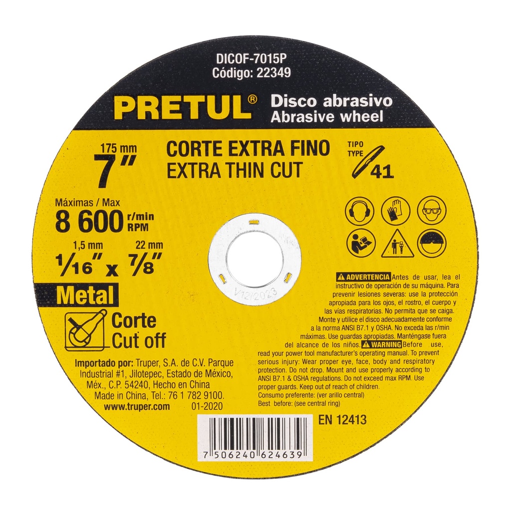 DISCO CORTE METAL FINO 4-1/2" 1.0 MM 22348 PRETUL