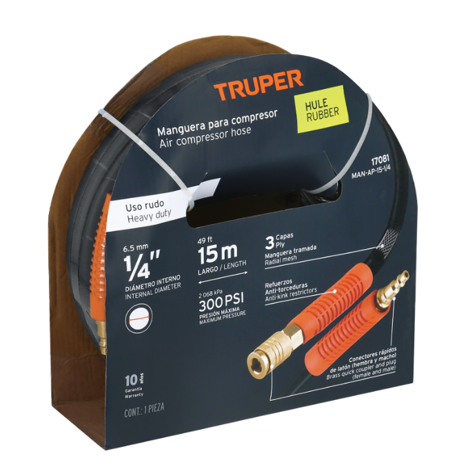 MANGUERA PARA COMPRESOR DE HULE 15M X 1/4" 17081 TRUPER