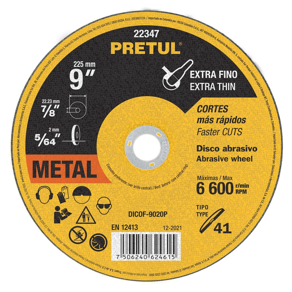 DISCO CORTE METAL FINO, 9"X2.00 MM 22347 PRETUL
