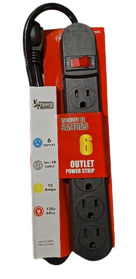 REGLETA NEGRA 15 AMP / 6 ENTRADAS / 1 MT 3FT CABLE