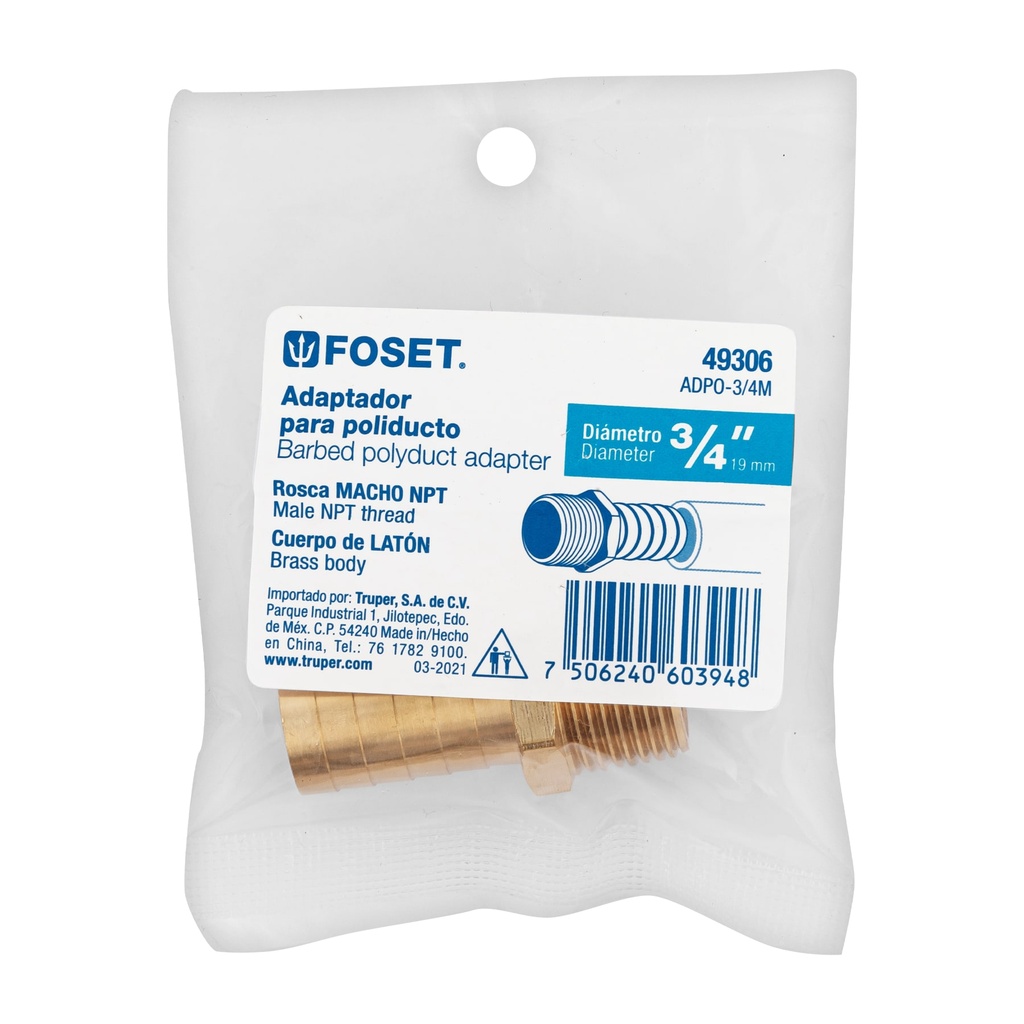 ADAPTADOR PARA POLIDUCTO 3/4" MACHO 49306 FOSET