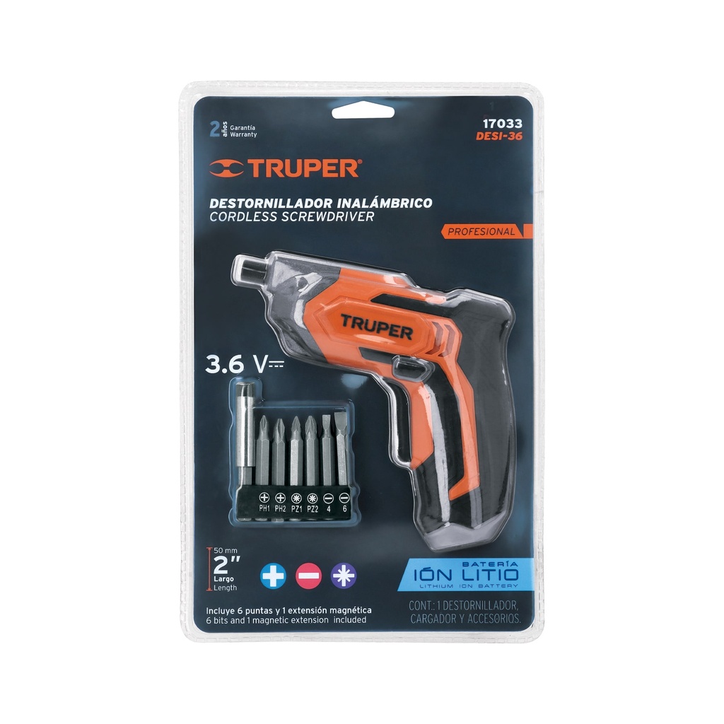 DESTORNILLADOR INALAMBRICO, BATERIA ION LITIO, 3.6 V 17033 TRUPER