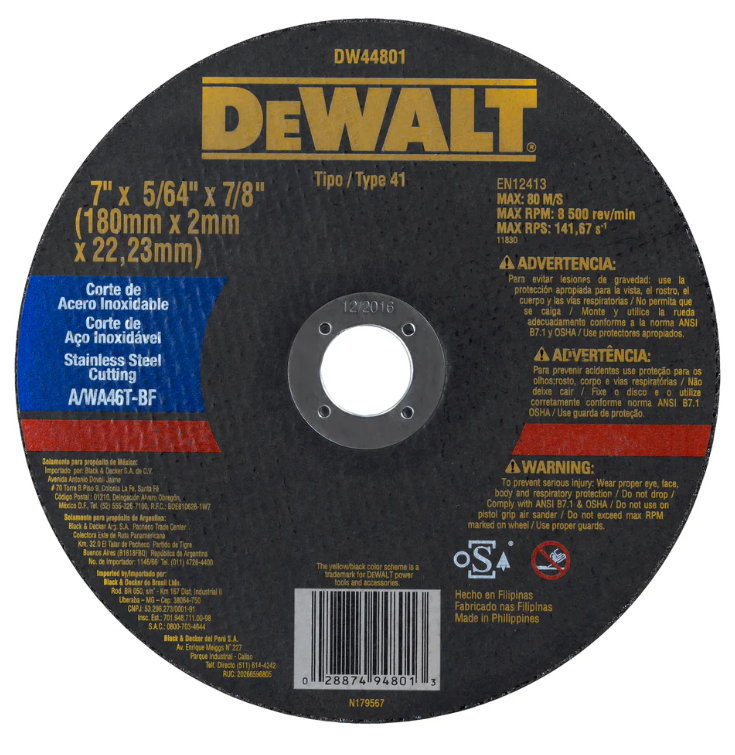 DISCO CORTE INOX 7 X 5/64 X 7/8 DW44801 DEWALT