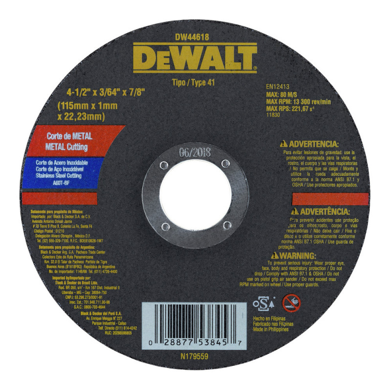 DISCO CORTE METAL 4 1/2 X 3/64 X 7/8 DW44618 DEWALT