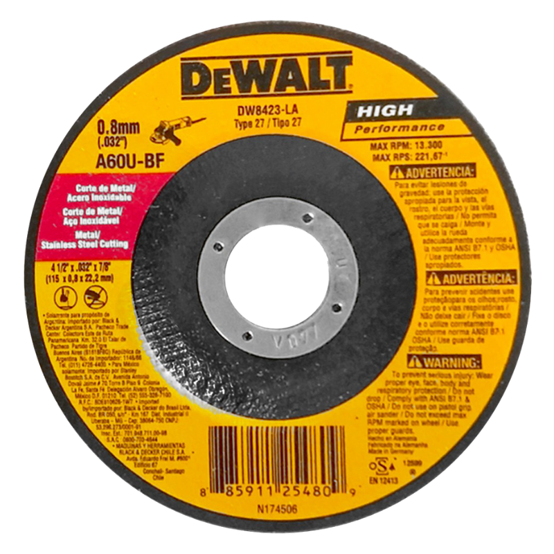 DISCO CORTE METAL 4-1/2"X0.32,0.8MM DW8423-LA N174506 DEWALT