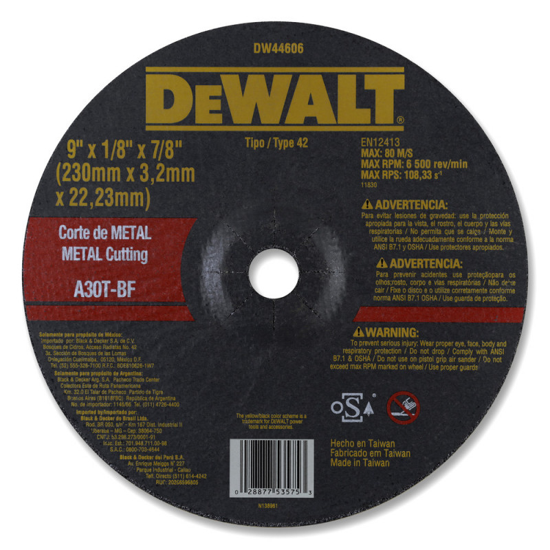 DISCO CORTE METAL 9"X1/8X7/8" DW44606 DEWALT