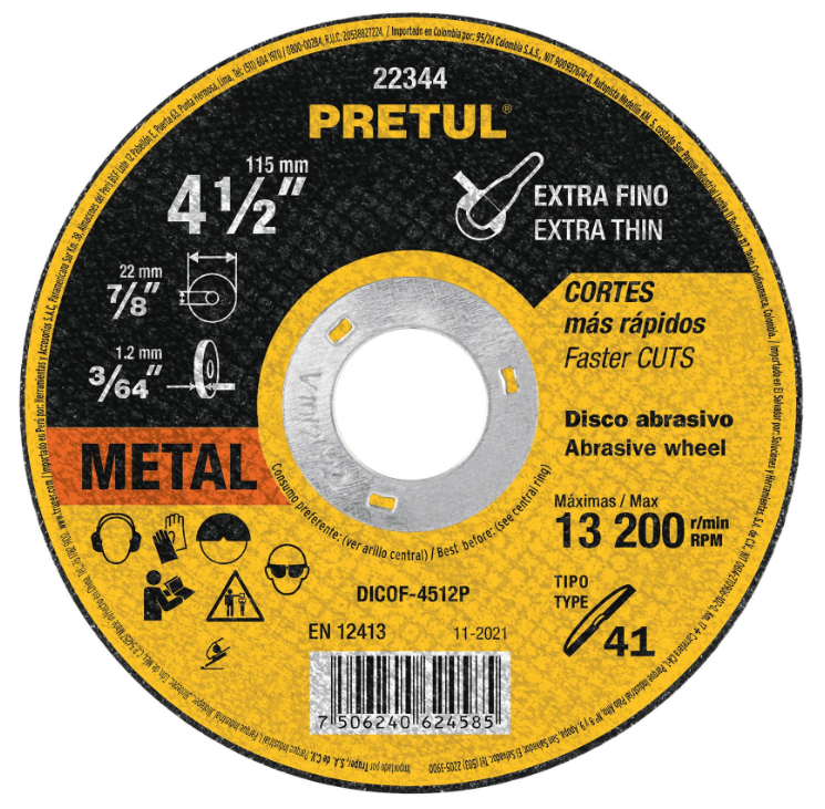DISCO CORTE METAL FINO 4 1/2 1.2MM 22344 PRETUL
