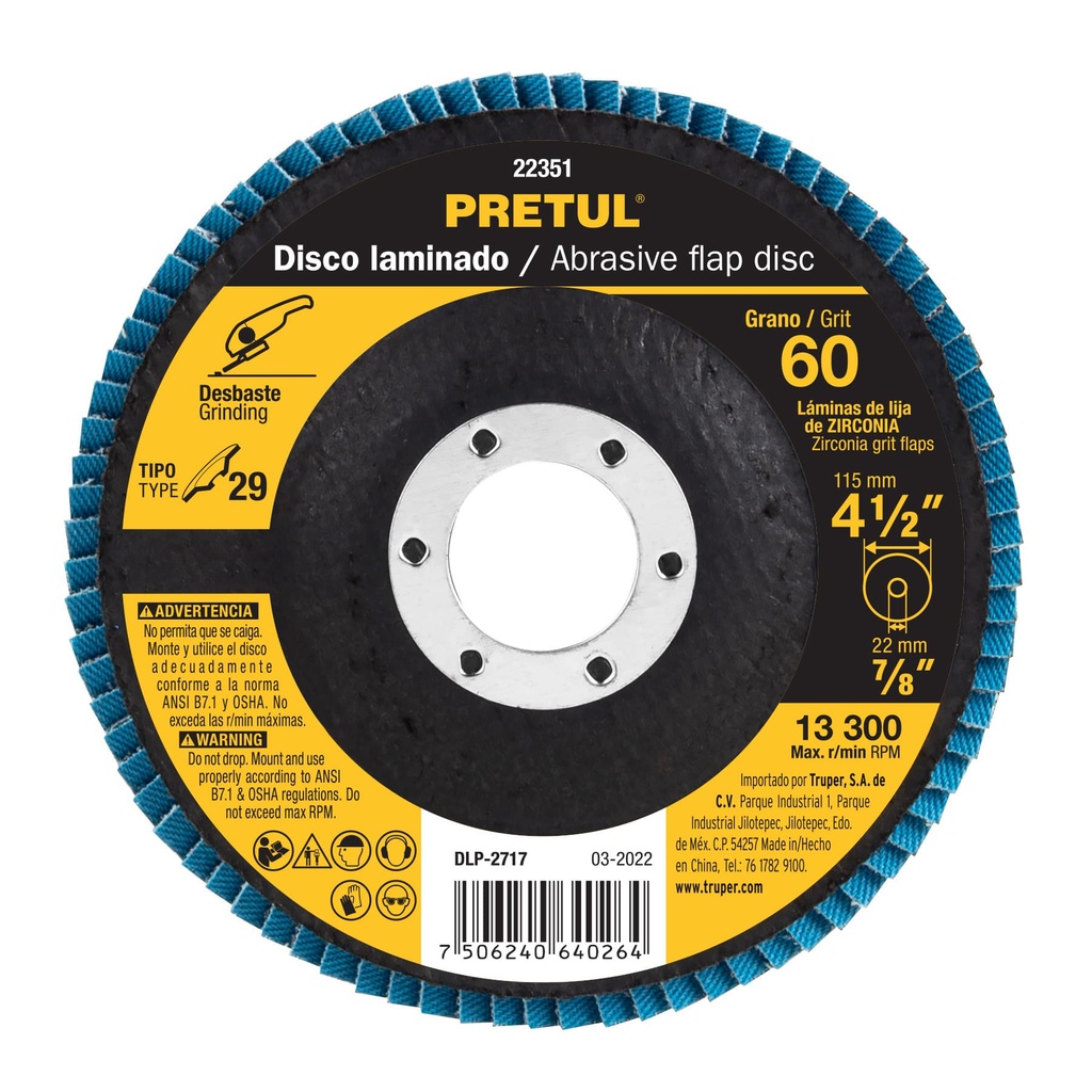 DISCO LAMINADO 4 1/2 X 7/8 GRANO 60 22351 PRETUL