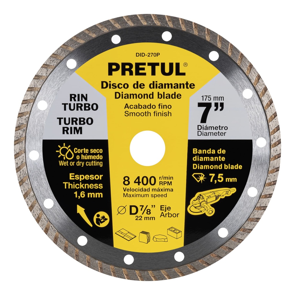 DISCO RECUBIERTO DE DIAMANTE DE 7" CON RIN TURBO 27018 PRETUL
