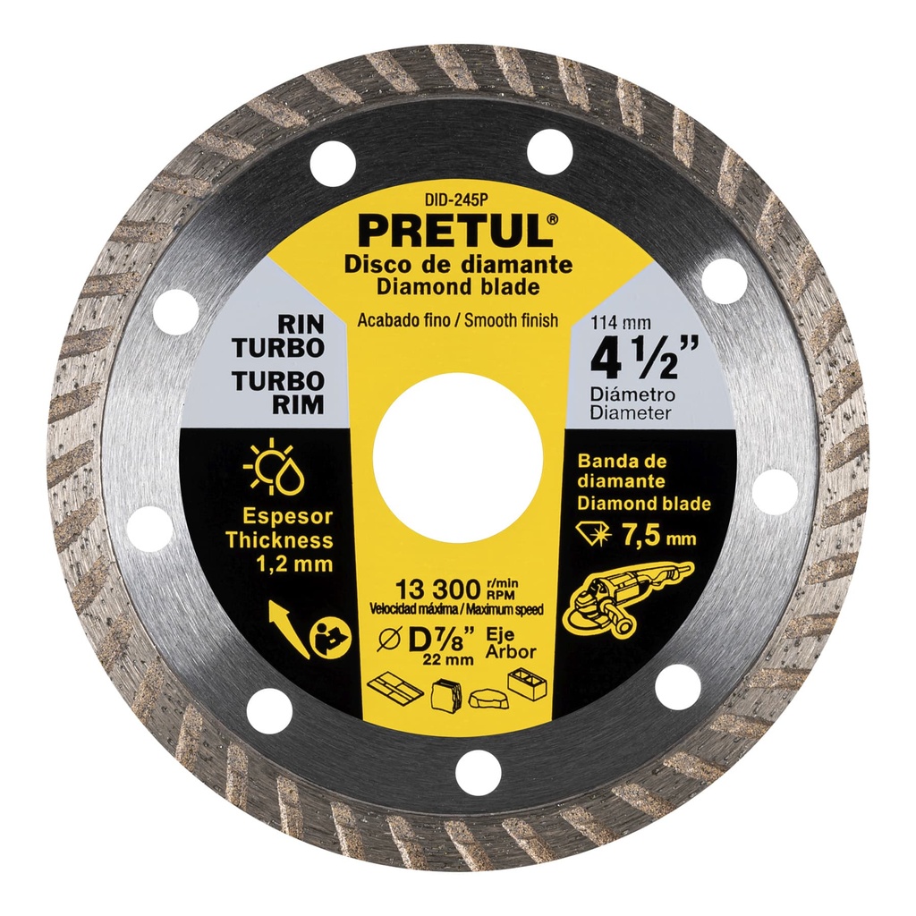 DISCO RECUBIERTO DIAMANTE 4-1/2" RIN TUBO 27017 PRETUL