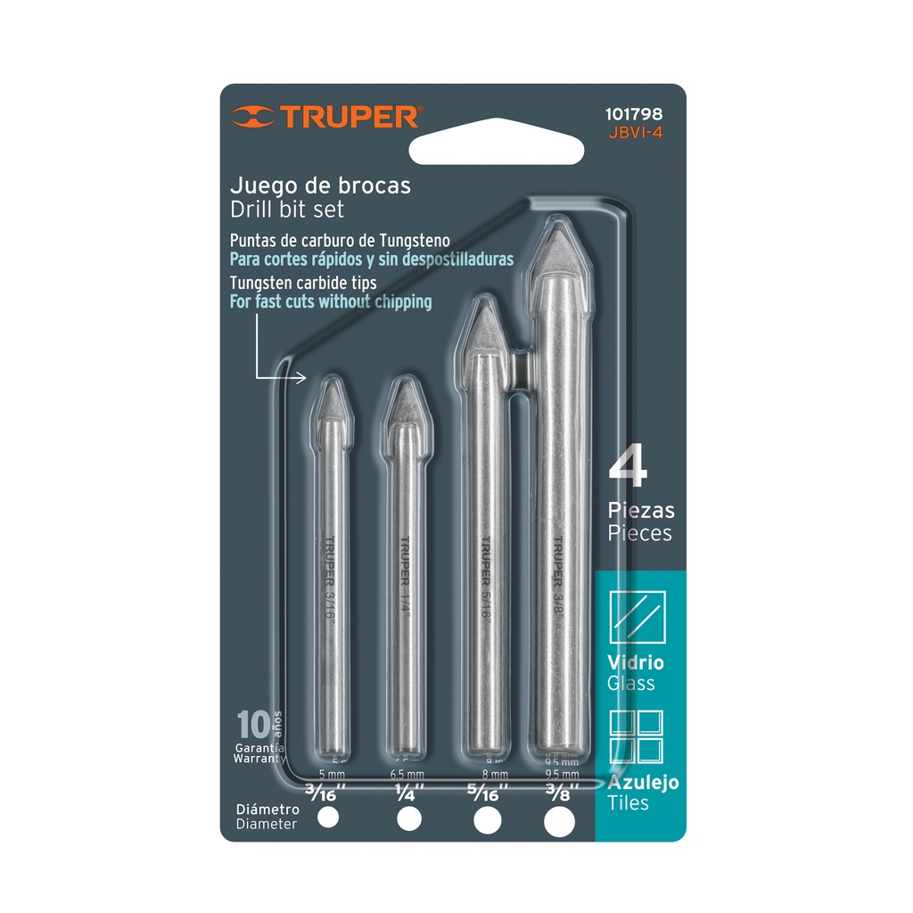 JUEGO DE 4 BROCAS DE CARBURO DE TUGSTENO 101798 TRUPER