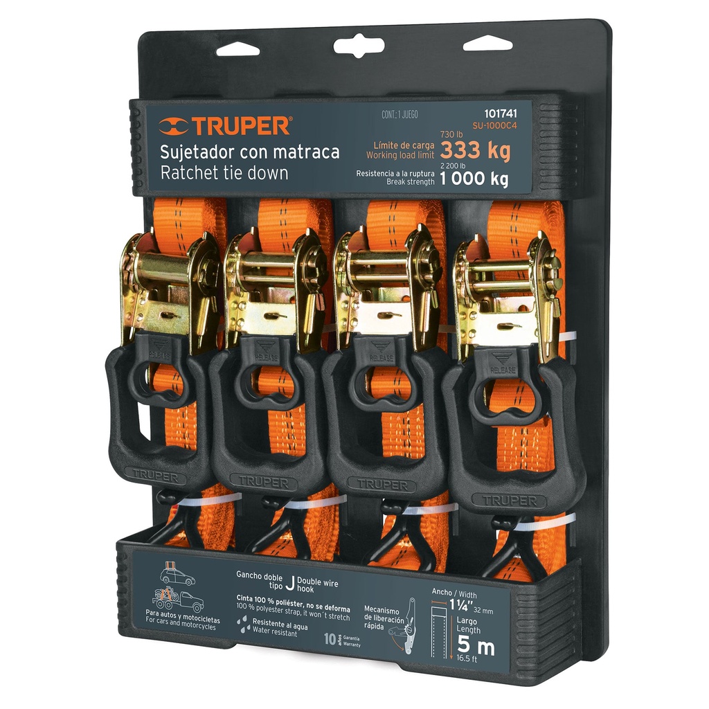 JUEGO DE 4 SUJETADORES CON MATRACA CARGA MAXIMA 1000 KG 101741 TRUPER