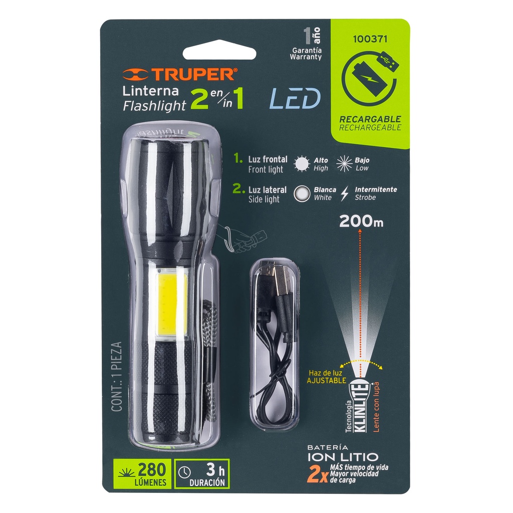 LINTERNA RECARGABLE DE LED CON LUZ LATERAL 260 LM 100371