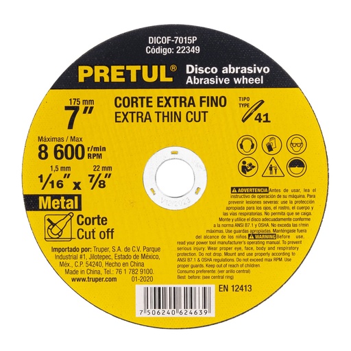 [22348] DISCO CORTE METAL FINO 4-1/2" 1.0 MM 22348 PRETUL
