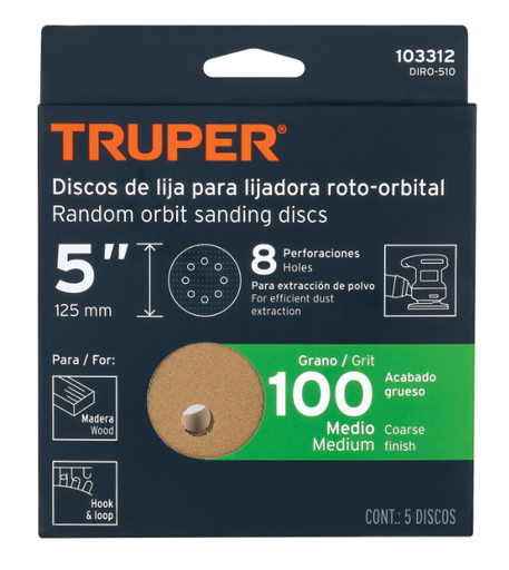 [103312] DISCOS DE LIJA 5" GRANO 100 CON SOPORTE DE MATERIA TEXTIL 5 PZS. 103312 TRUPER