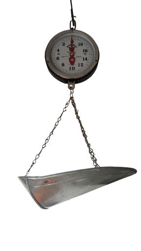 [13768.] BALANZA COLGANTE 20 LBS CON CHAROLA INOX MONARCA
