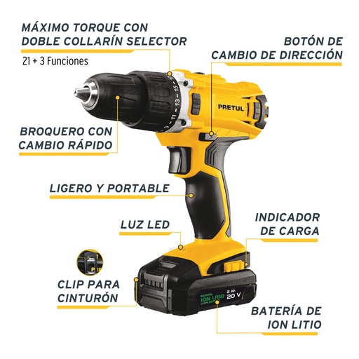 [26117] DESTORNILLADOR / ROTOMARTILLO INALAMBRICO 1/2" 20V 26117 PRETUL
