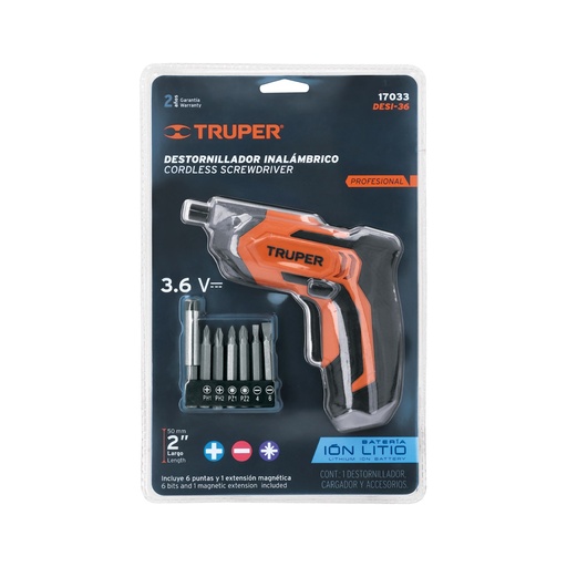 [17033] DESTORNILLADOR INALAMBRICO, BATERIA ION LITIO, 3.6 V 17033 TRUPER