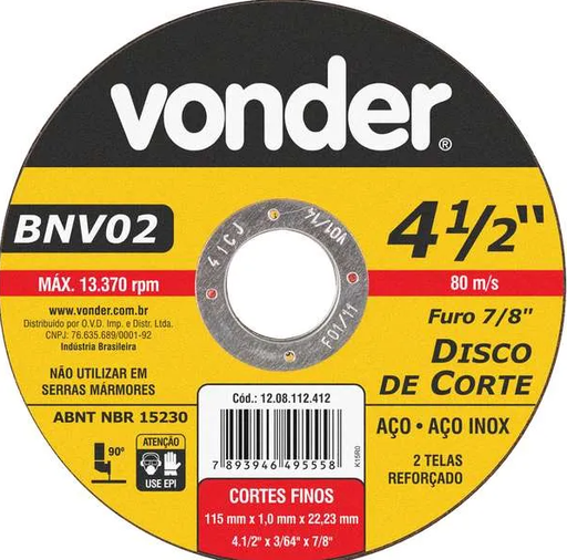 [1208112412] DISCO CORTAR INOX 4.5" 1MM BNV02 25/1 VONDER