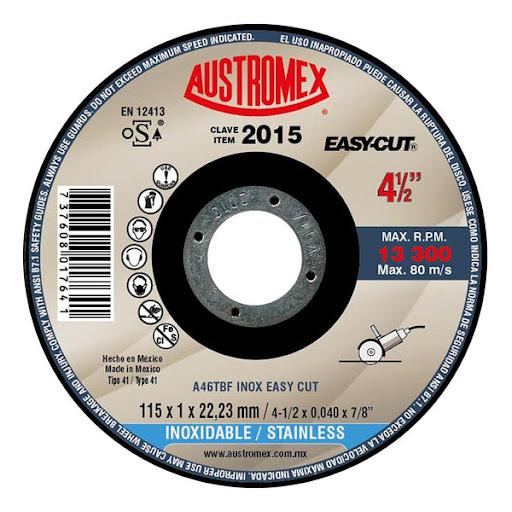 [7625.] DISCO CORTE ACERO INOX, PLANO 4 1/2x1mm CLAVE 2015 AUSTROMEX