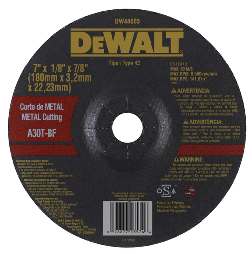 [DW44605] DISCO CORTE DE METAL 7" X 1/8" X 7/8" DW44605 DEWALT