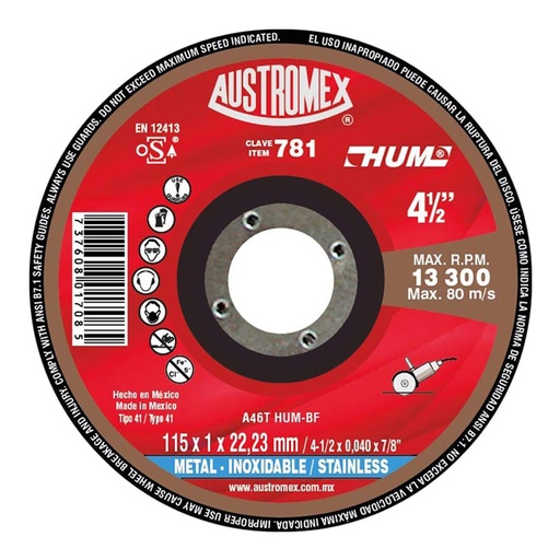 [646638] DISCO CORTE INOX. 4 1/2 X 0.040 X 7/8 646638 AUSTROMEX