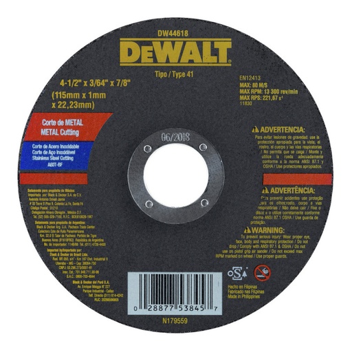 [DW44618] DISCO CORTE METAL 4 1/2 X 3/64 X 7/8 DW44618 DEWALT