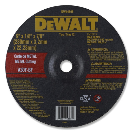 [DW44606] DISCO CORTE METAL 9"X1/8X7/8" DW44606 DEWALT