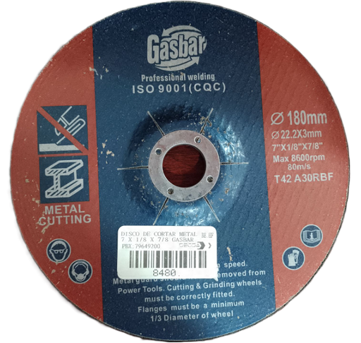 [8480.] DISCO DE CORTAR METAL 7 X 1/8 X 7/8 GASBAR