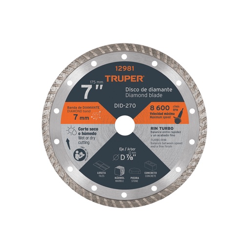 [12981] DISCO DE DIAMANTE 7" X 2.8 MM RIN TURBO 12981 TRUPER