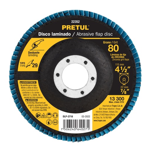 [22352] DISCO LAMINADO 4 1/2 X 7/8 GRANO 80 22352 PRETUL