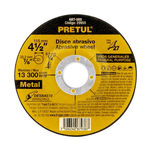 [29955] DISCO TIPO 27 DE 4-1/2" X 6.2MM 29955 PRETUL