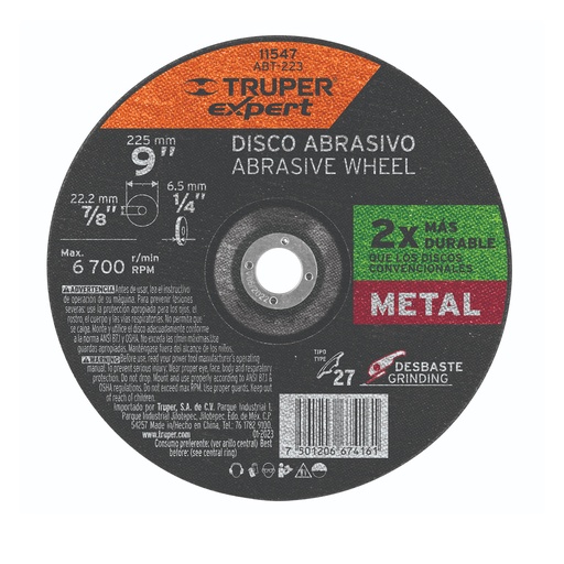 [11547] DISCO TIPO 27 DE 9" X 6.4MM DESBASTE METAL 11547 TRUPER EXPERT