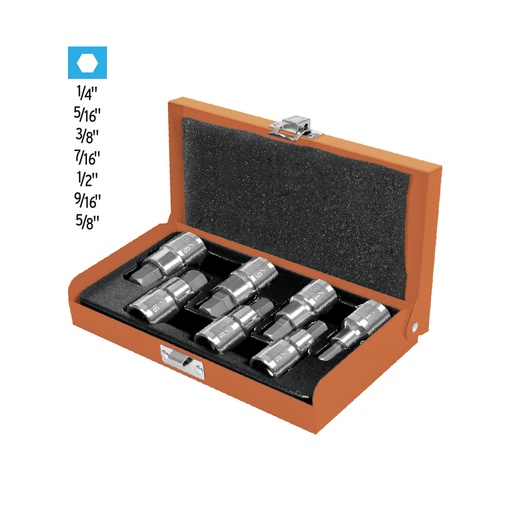 [13929] JUEGO DE 7 DADOS CUADRO 1/2" PUNTA HEX STD ESTUCHE METALICO 13929 TRUPER